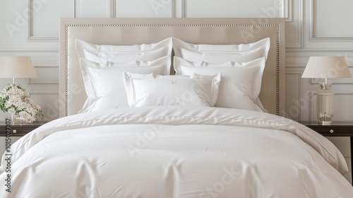 White Bed with Pillows and Bedside Tables