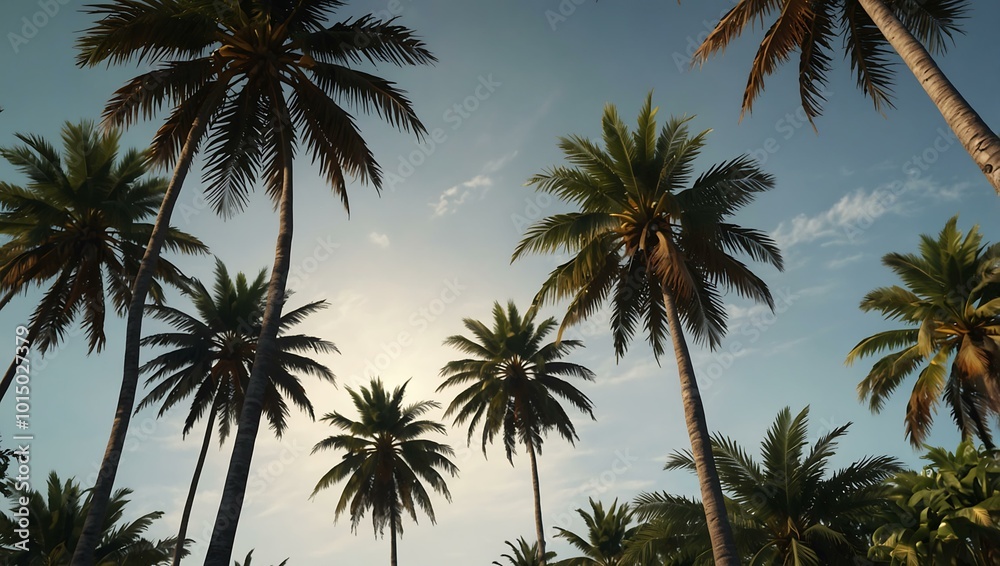 Realistic palm trees swaying gently in an invisible breeze. Realistic palm trees swaying gently in an invisible breeze.