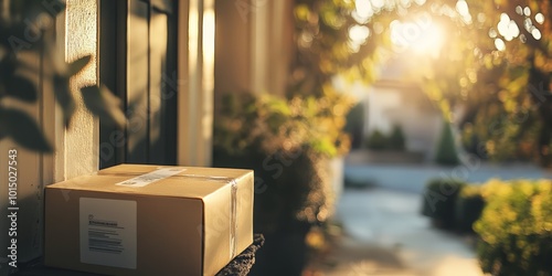 A cardboard package awaits delivery on a doorstep during sunset.