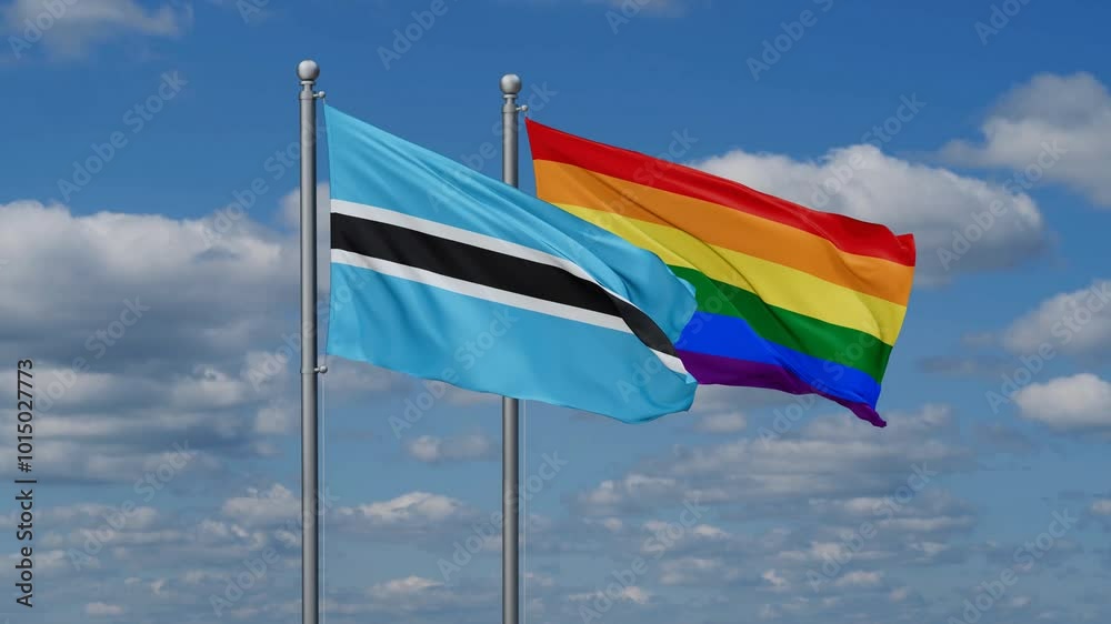 LGBT movement flag also Gay Pride and Botswana two flags waving cycle looped video, tolerance conception in country