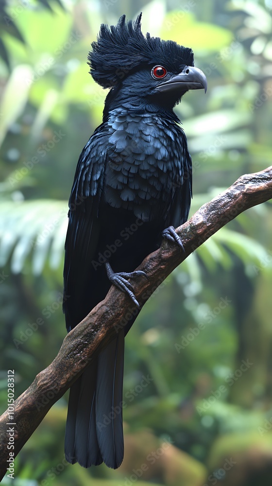 Fototapeta premium Umbrellabird Perched on a Branch in Nature, Photo Realistic, Wallpaper, Cover and Screen for Smartphone, PC, Laptop, 9:16 and 16:9 Format