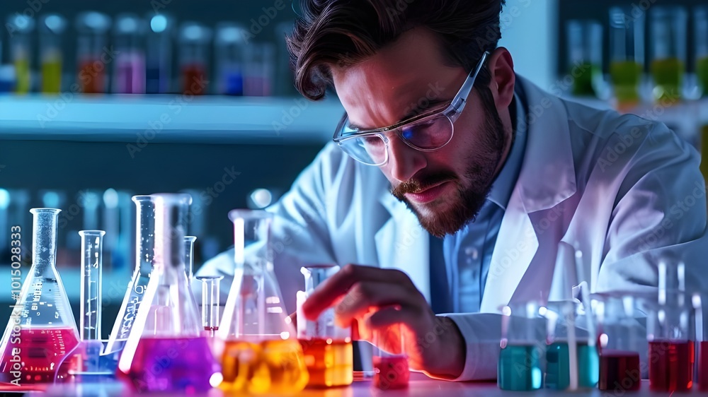 Scientist working in a laboratory conducting experiments with test tubes and pipettes