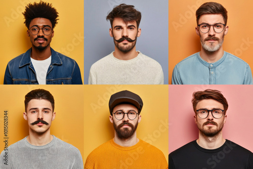 Group of men with various beard styles on neutral background, concept of facial hair trends