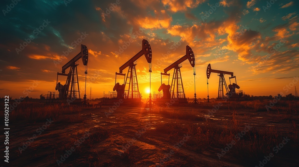 Oil pump jacks silhouetted against the sunset sky, with oil fields and mud puddles on cracked ground Oil pump jacks silhouetted against the sunset sky, with oil fields and mud puddles on cracked ground