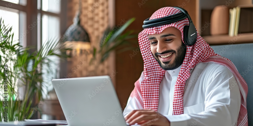 © Tadeusz - Smiling Saudi man in traditional attire uses laptop with headphones in a modern office. © Tadeusz - Smiling Saudi man in traditional attire uses laptop with headphones in a modern office.
