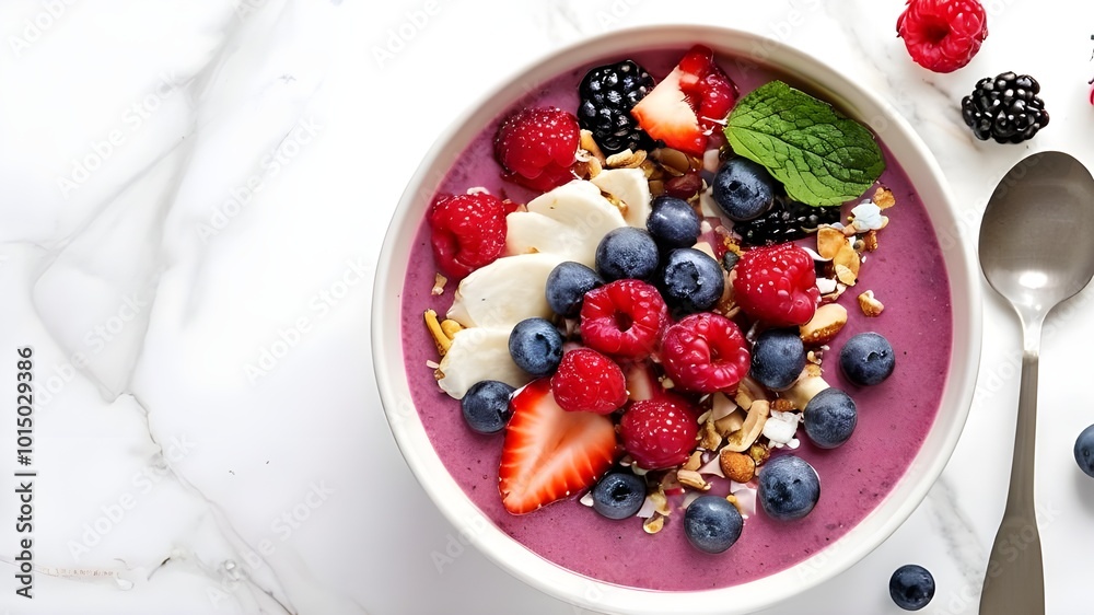 A bowl of muesli topped with fresh strawberries and blueberries A bowl of muesli topped with fresh strawberries and blueberries