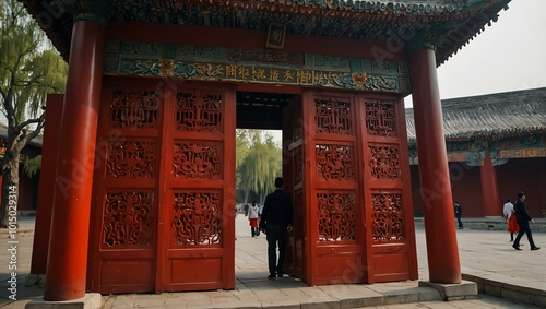 Red gateway at the Hall of Prayer for Good Harvests in Beijing. photo