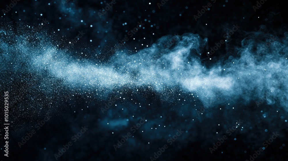 Naklejka premium A fine cloud of perfume mist against a dark backdrop, with light catching the particles.