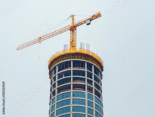 Construction crane lifting materials to upper floors of a skyscraper under construction, Material lifting, Vertical construction