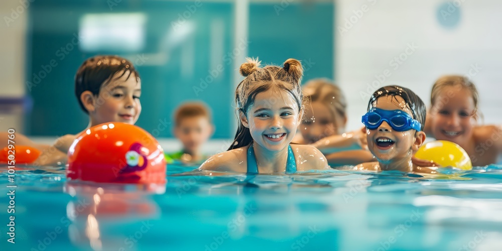 Smiling children enjoying swimming in a pool, showcasing joy and friendship. Smiling children enjoying swimming in a pool, showcasing joy and friendship.