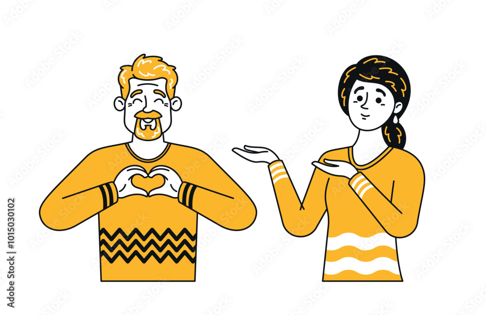 Doodle Characters Displaying Variety Of Emotions Including Love And Curiosity. Whimsical Illustration Feature Two Adults Doodle Characters Displaying Variety Of Emotions Including Love And Curiosity. Whimsical Illustration Feature Two Adults