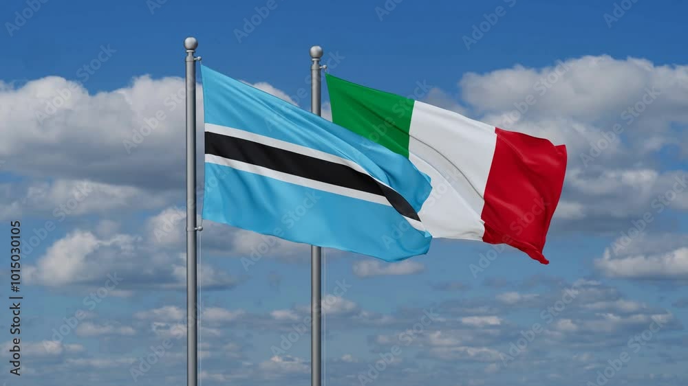 Italy and Botswana flags flying together, video concept of the relationship, two country cooperation concept Italy and Botswana flags flying together, video concept of the relationship, two country cooperation concept