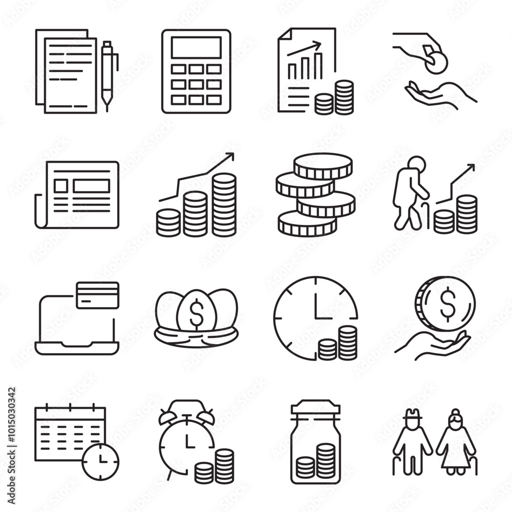 Retirement plan flat line icons set. Pension payment, money deposit ...