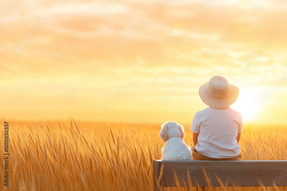 Fototapeta premium A child and their dog enjoying a sunset together on a bench in a golden field