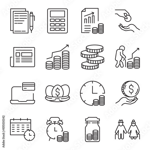  Retirement plan flat line icons set. Pension payment, money deposit, investment fund balance sheet inheritance vector illustration. Outline signs senior savings
