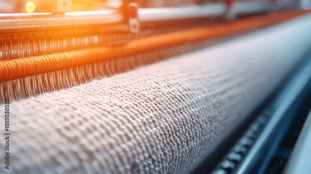 Industrial weaving machines creating detailed fabric patterns, side view, natural lighting, focus on the precise interlocking threads Industrial weaving machines creating detailed fabric patterns, side view, natural lighting, focus on the precise interlocking threads