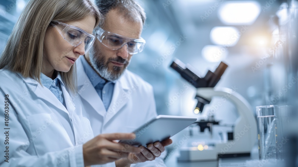 Scientists analyzing data on a tablet in a modern laboratory, focused and engaged in research. Scientists analyzing data on a tablet in a modern laboratory, focused and engaged in research.