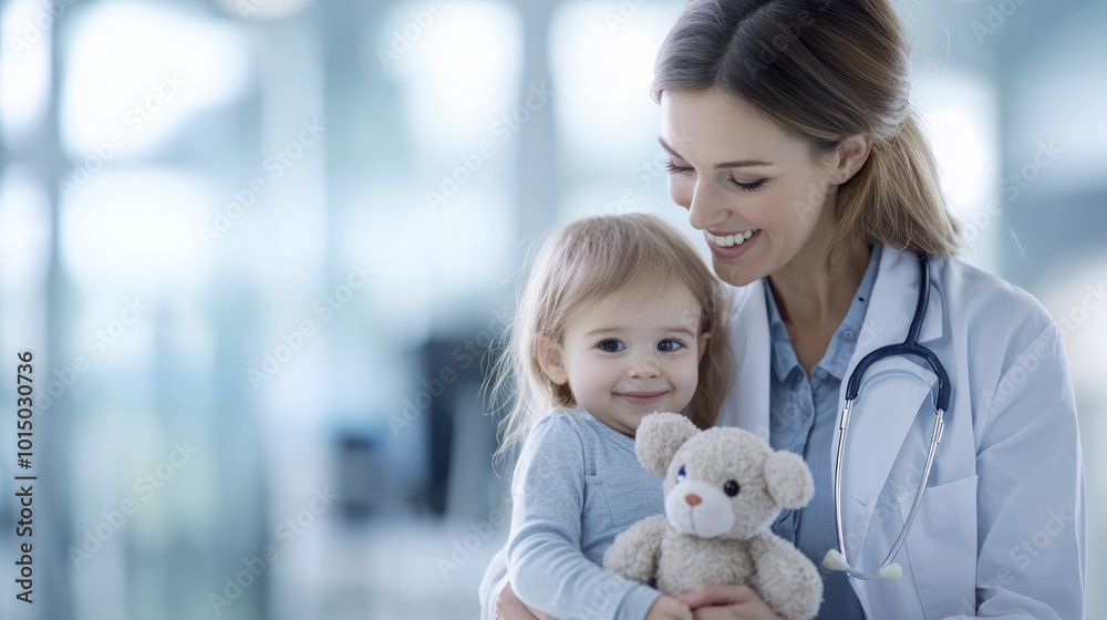 Smiling doctor hugging a cheerful child holding a teddy bear in a bright, welcoming medical setting.