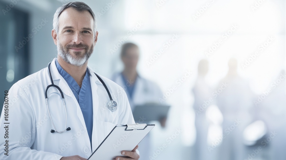 Smiling doctor holding a clipboard in a modern medical environment, bright background. Smiling doctor holding a clipboard in a modern medical environment, bright background.
