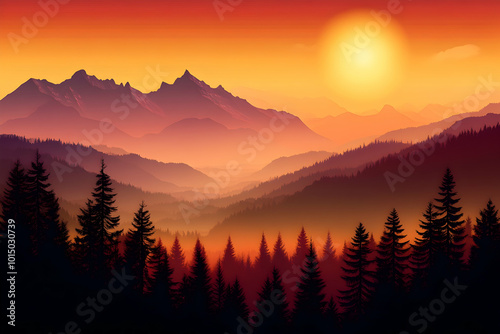 Silhouetted Pine Trees in a Mountain Landscape Illustration