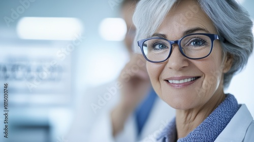 Smiling elderly woman in glasses, wearing a lab coat, in a medical environment.