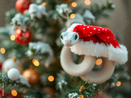 The beautiful white snake on the Christmas tree crawled out of the redcap