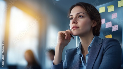 Thoughtful businesswoman contemplating strategy in modern office with sticky notes.