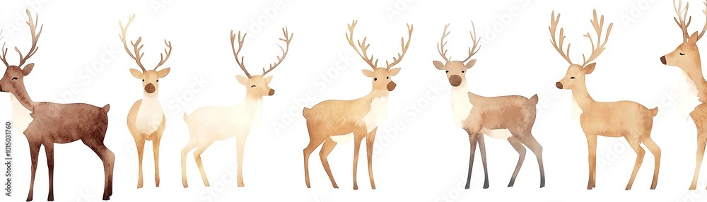 Watercolor illustration of six deer with antlers in a line, showcasing woodland wildlife in earthy tones on a white background. Watercolor illustration of six deer with antlers in a line, showcasing woodland wildlife in earthy tones on a white background.