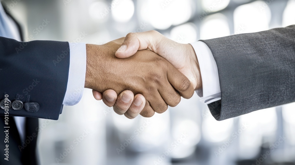 Two business professionals shaking hands in an office setting, symbolizing collaboration and partnership. Two business professionals shaking hands in an office setting, symbolizing collaboration and partnership.