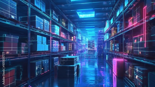 Futuristic warehouse with glowing shelves and digital elements.