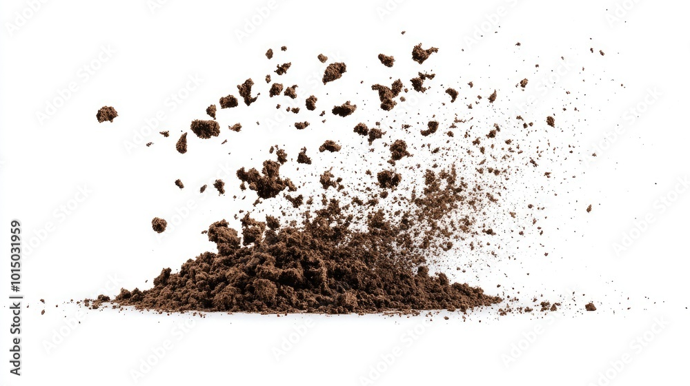 A flying pile of dirt, scattering in the air, isolated against a white background A flying pile of dirt, scattering in the air, isolated against a white background