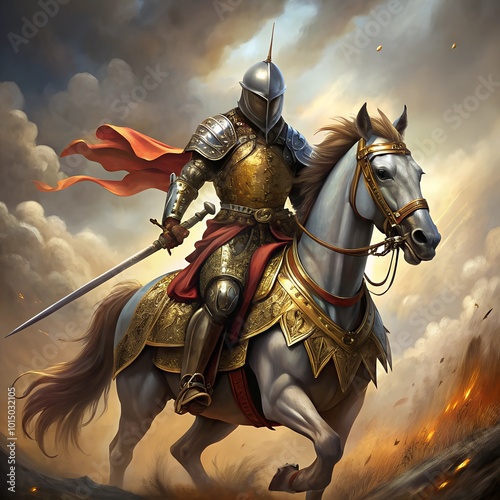knight in armor and helmet on horseback with shield and sword stands on a rock