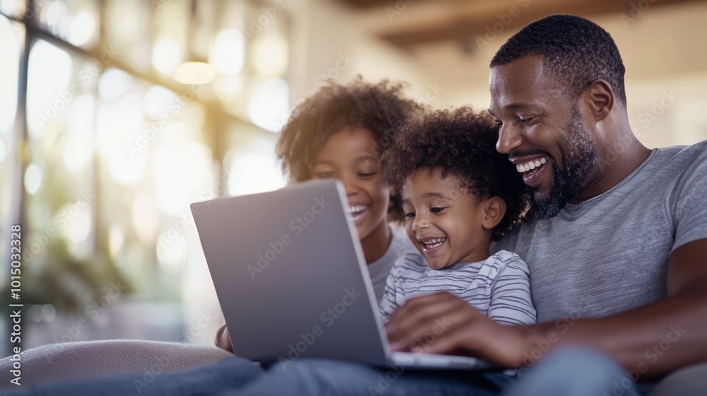 A father and two children enjoying time together while using a laptop, smiling and sharing a joyful moment. A father and two children enjoying time together while using a laptop, smiling and sharing a joyful moment.