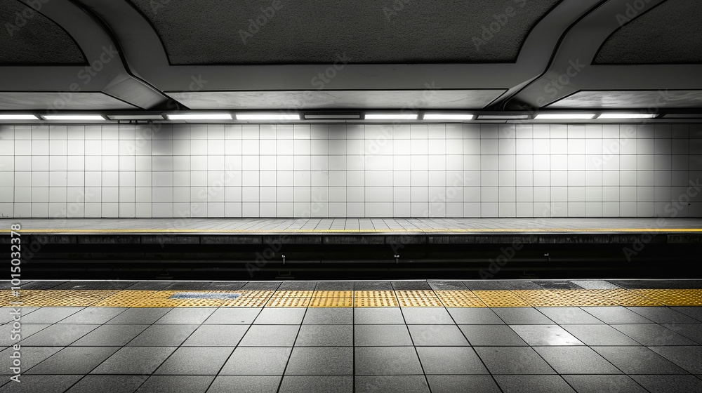 Empty subway platform with clean modern architecture and geometric tiled flooring creating a calm minimalist atmosphere Empty subway platform with clean modern architecture and geometric tiled flooring creating a calm minimalist atmosphere