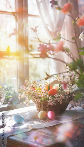 Colorful Easter Celebration with Egg-Filled Cornucopia and Spring Flowers for Festive Decor Inspiration