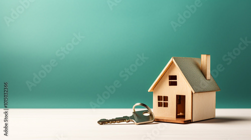 Closeup view of a small scale wooden house model with house keys on a white table against a green background in a studio setting  Concept of real estate home ownership property investment