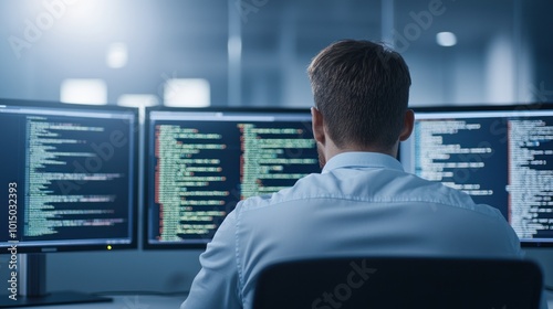 A focused individual coding in front of multiple computer screens displaying lines of code.