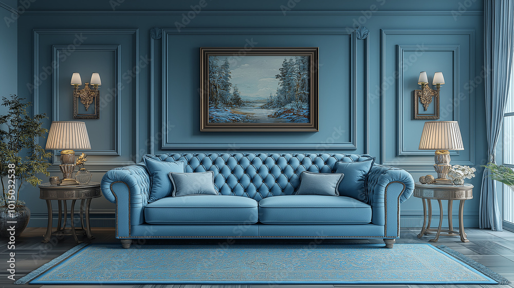 Fototapeta premium Serene Blue Living Room: A luxurious living room with a tufted blue sofa, two matching armchairs, and a framed artwork depicting a wintry landscape. The room is bathed in warm, natural light.