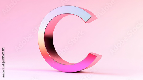 A metallic pink and blue letter C sits against a soft pink background.