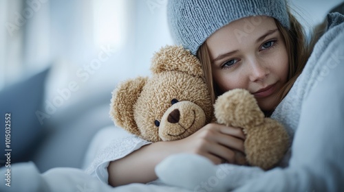 A girl cuddling a teddy bear while relaxing at home, feeling cozy and safe.