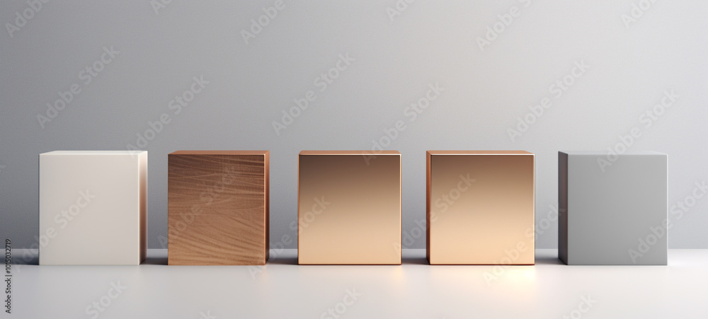 Minimalist arrangement of various textured wooden and metallic geometric cubes and boxes on a clean neutral gray background  Simple modern design with a focus on shapes forms and materials