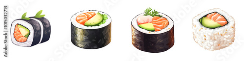 piece of futomaki sushi clipart, thick sushi roll with various fillings, vibrant colors, isolated on transparent background