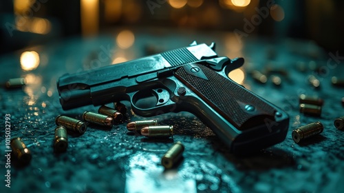 A close-up of a vintage firearm resting on a marble table, surrounded by scattered bullet casings, photo