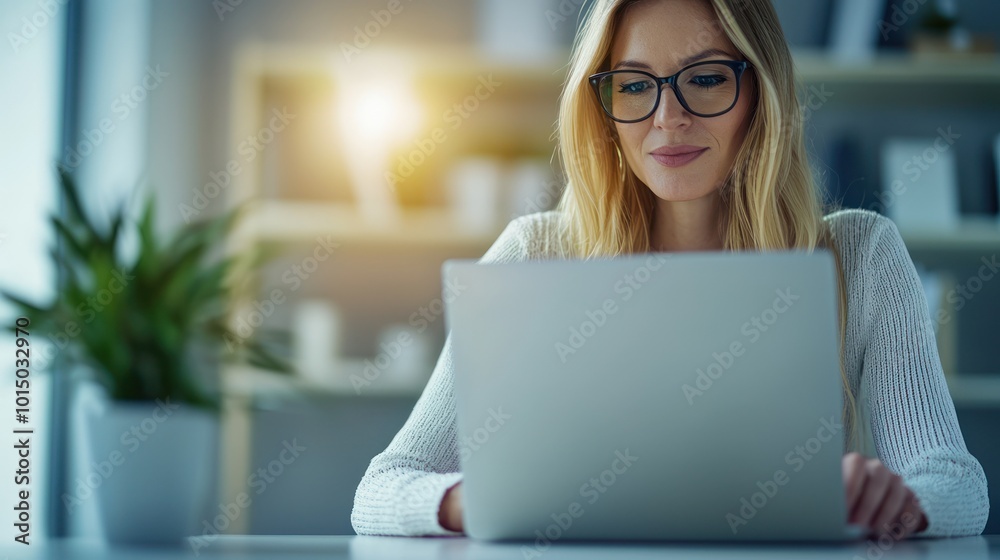 A woman working on a laptop in a bright office space with greenery in the background A woman working on a laptop in a bright office space with greenery in the background
