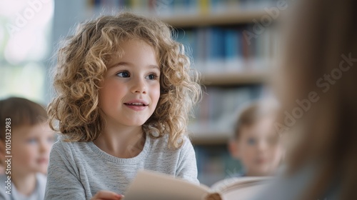 A young girl with curly hair attentively listening in a classroom environment.