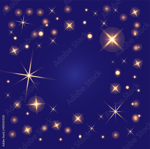 stars gold, light shine, sparkle effect geow shine lens texture and dark blue background, bokeh glow shimmer bright starlight decoration