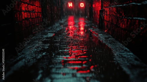 A shadowy alleyway with wet cobblestone streets, flickering neon lights reflecting in puddles photo