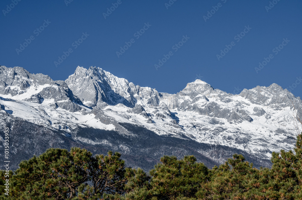 Snow mountains and woods under the blue sky Snow mountains and woods under the blue sky
