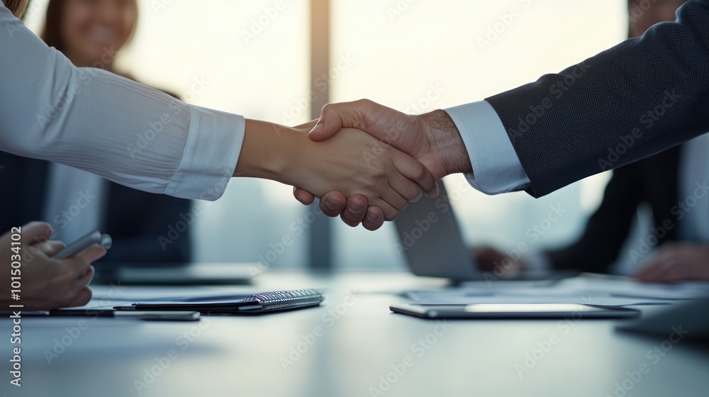 Close-up of two businesspeople shaking hands in a conference room, highlighting partnership and agreements. Close-up of two businesspeople shaking hands in a conference room, highlighting partnership and agreements.