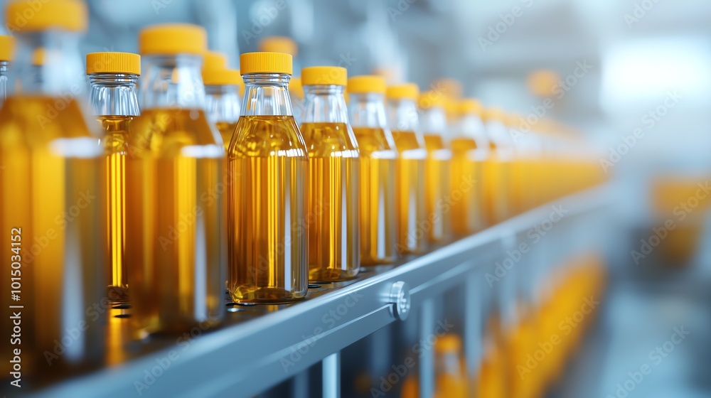 Beverage production line, automated bottling process, 3D illustration Beverage production line, automated bottling process, 3D illustration